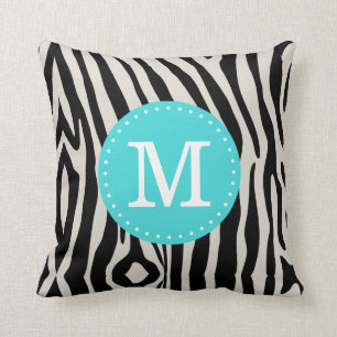 Coussin Monogramme personnalisé Turquoise et noire Zèbre