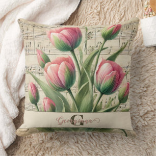 Coussin Monogramme Pink & Green Vintage Tulips Partition M
