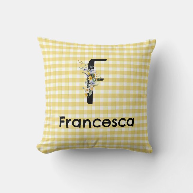 Coussin Monogramme première fleur d'aquarelle en vichy mot (Recto)