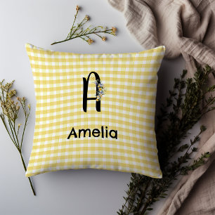 Coussin Monogramme première fleur d'aquarelle en vichy mot