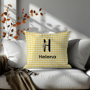 Coussin Monogramme première fleur d'aquarelle en vichy mot