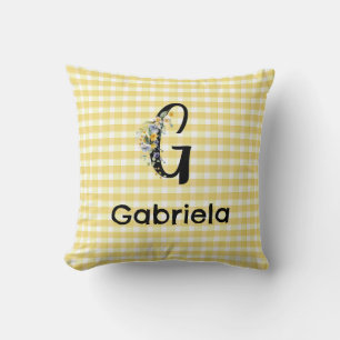 Coussin Monogramme première fleur d'aquarelle en vichy mot