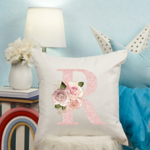 Coussin Monogramme R floral rose poudré pailleté féminin