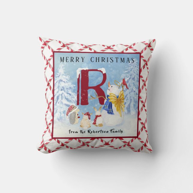 Coussin Monogramme R Snowman Angel Hedgehog Rabbits (Recto)