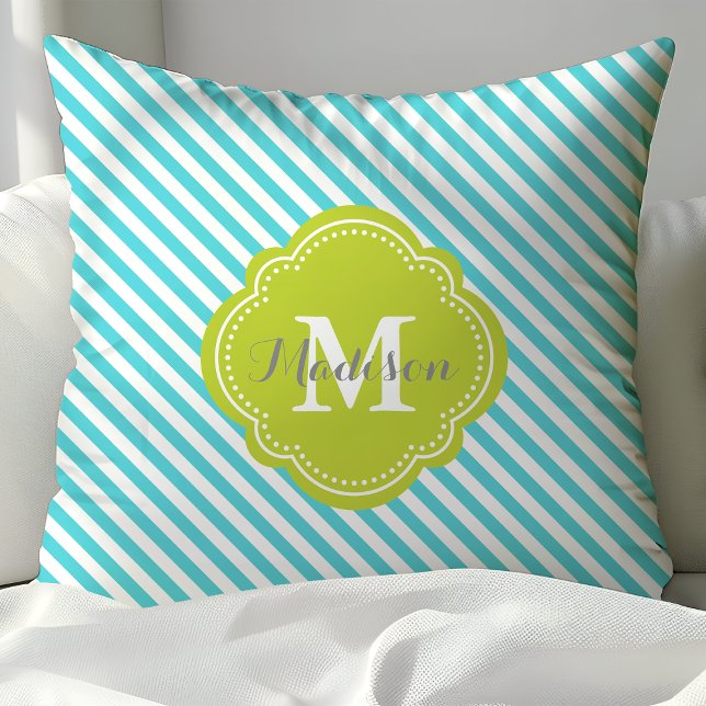 Coussin Monogramme rayé turquoise et vert (Créateur téléchargé)