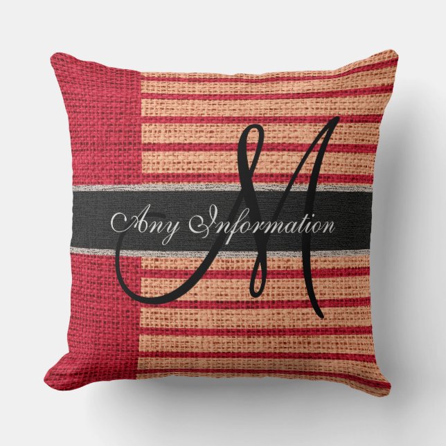 Coussin Monogramme Red Stripes Burlap Rustique Jute (Recto)