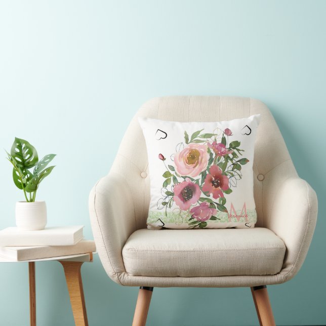 Coussin Monogramme rose blanc Floral (Chaise)