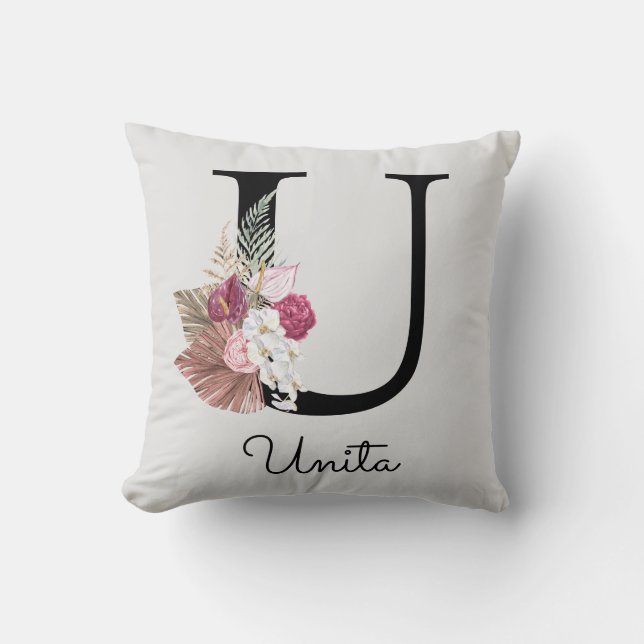 Coussin Monogramme Rose Bohème Féminin Floral Initial U (Recto)