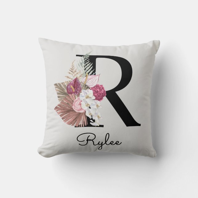 Coussin Monogramme Rose Boho Féminin Floral Initial R (Recto)