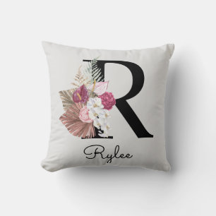 Coussin Monogramme Rose Boho Féminin Floral Initiale R