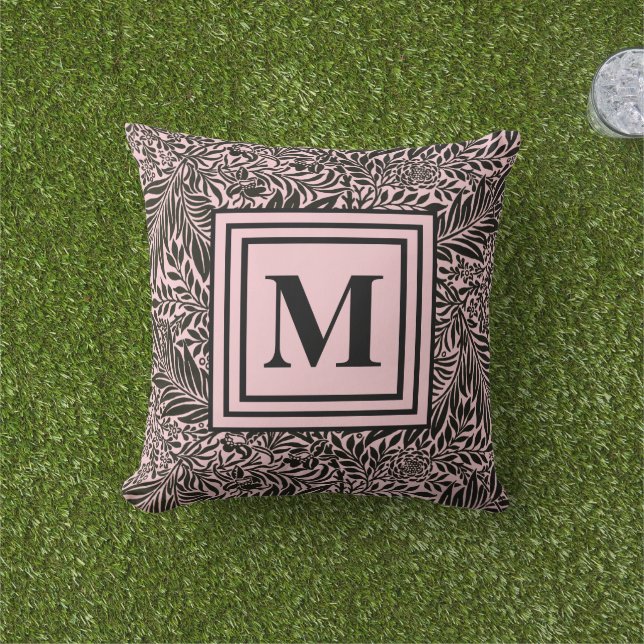 Coussin Monogramme rose clair et noir chic botanique (Herbe)