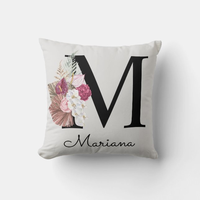 Coussin Monogramme Rose Fleur Initiale M (Recto)