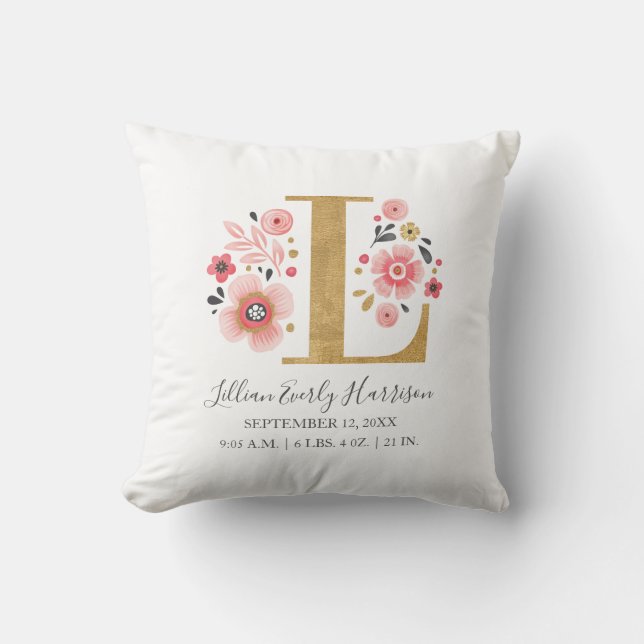 Coussin Monogramme rose Floral Lettre initiale L Statistiq (Recto)
