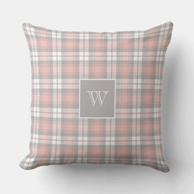 Coussin Monogramme rose gris doux En vichy Plaid (Recto)