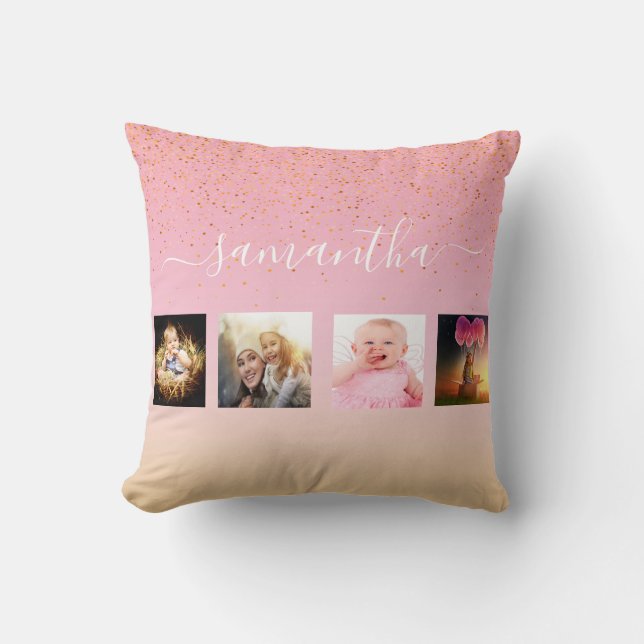 Coussin Monogramme rose or rose collage photo (Recto)