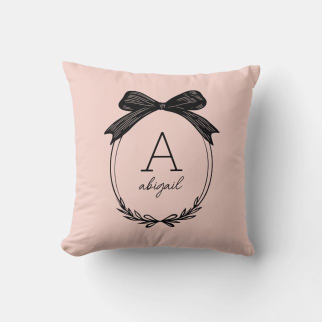 Coussin Monogramme Rose Pâle Écriture Moderne Ruban Noir F (Recto)
