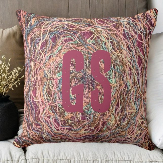 Coussin Monogramme rose pâle pêche crochet imprimé turquoi (Créateur téléchargé)