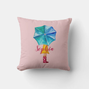 Coussin Monogramme rose Parapluie fille Aquarelle