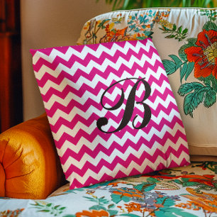 Coussin Monogramme rose vif et chevron blanc