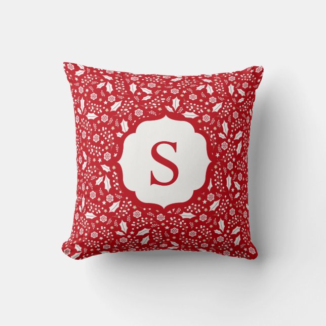 Coussin Monogramme Rouge Blanc Noël Motif Floral (Recto)