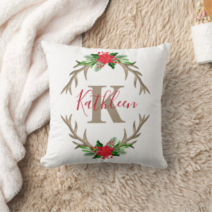 Coussin Monogramme Rouge Vert Noël Floral Cerfs