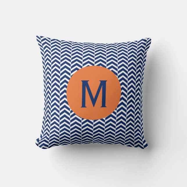 Coussin Monogramme Royal Blue avec Motif Orange Chevron (Recto)