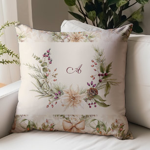 Coussin Monogramme Rustique Aquarelle Botanique Noël