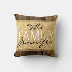 Coussin Monogramme Rustique Burlap Vintage en bois