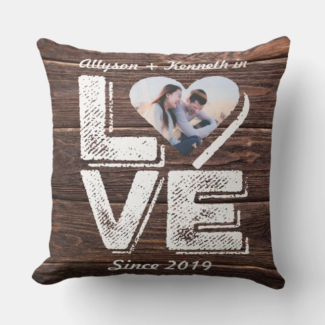 Coussin Monogramme rustique de cadre de coeur de photo de (Recto)