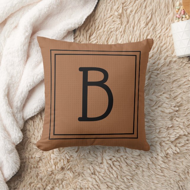 Coussin Monogramme rustique initiale marron noir carré (Couverture)