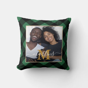 Coussin Monogramme rustique vert plaid et nom photo