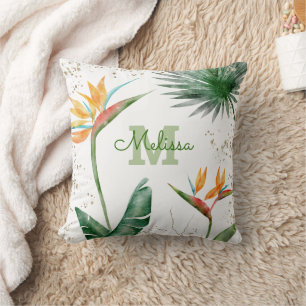 Coussin Monogramme Script Blanc Or Tropical Island Floral