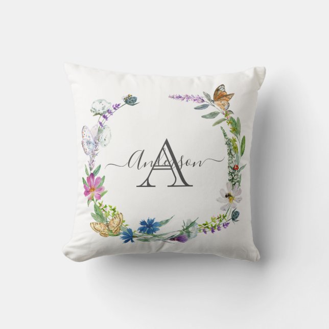 Coussin Monogramme Script Calligraphie Papillons Fleurs (Recto)