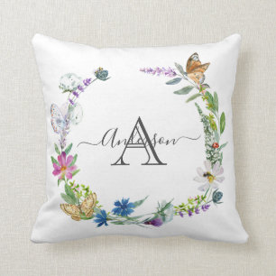 Coussin Monogramme Script Calligraphie Papillons Fleurs