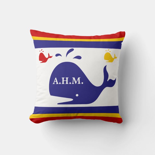 Coussin MONOGRAMME sur baleines bleues, jaunes et rouges s (Recto)