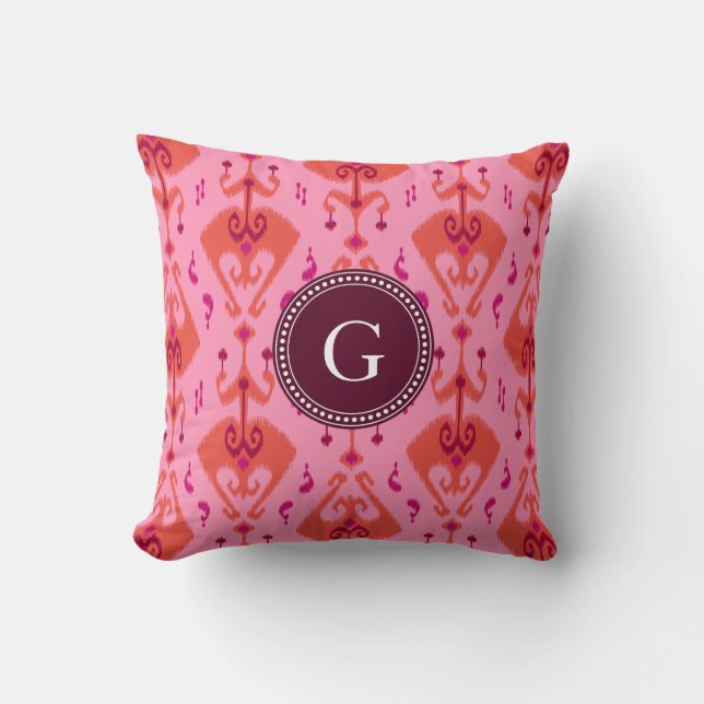 Coussin Monogramme tribal de motif d'ikat rose girly chic (Recto)