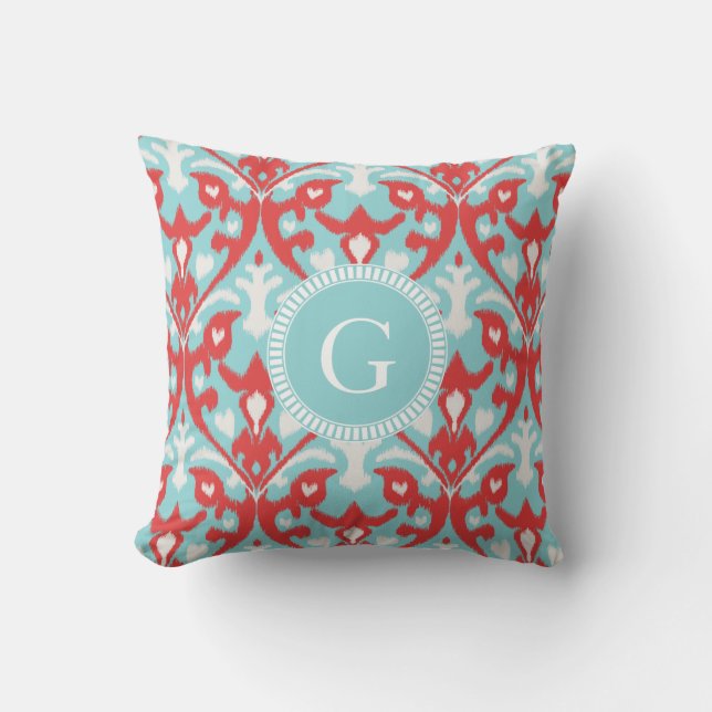 Coussin Monogramme tribal de motif d'ikat rouge moderne de (Recto)