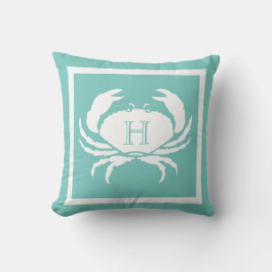 Coussin Monogramme Turquoise Bleu Crabe Blanc Nautique