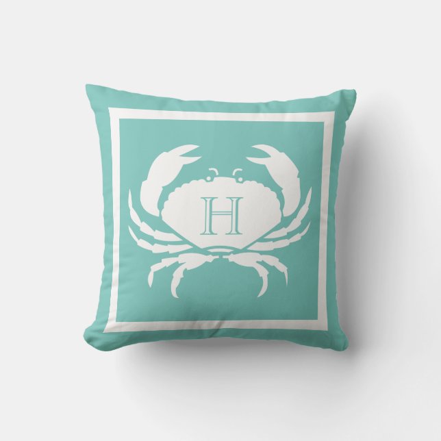 Coussin Monogramme Turquoise Bleu Crabe Blanc Nautique (Recto)