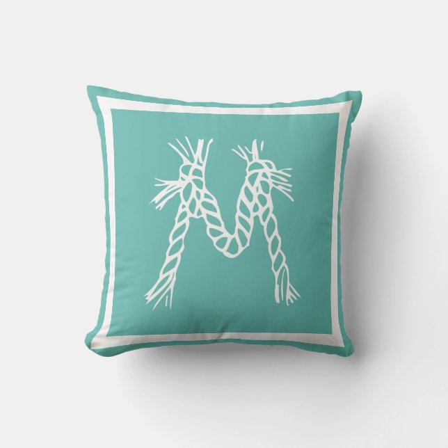 Coussin monogramme turquoise de la corde côtière (Recto)