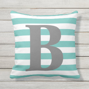 Coussin Monogramme Turquoise des bandes blanches Carré in