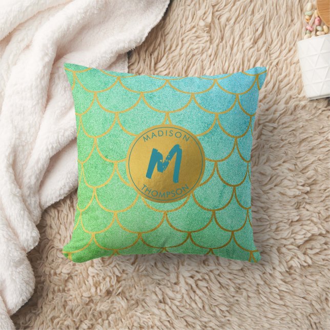 Coussin Monogramme Turquoise Motif de Parties scintillant  (Couverture)