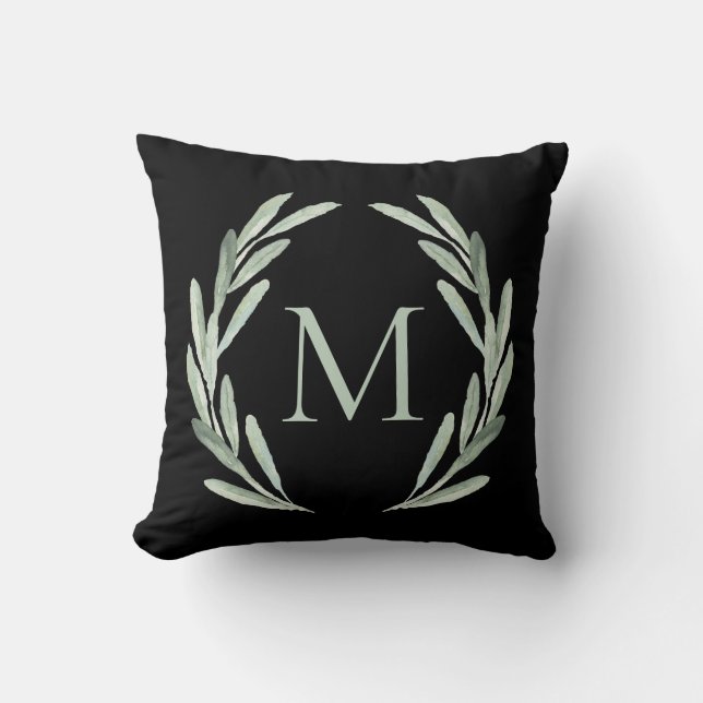 Coussin Monogramme vert de guirlande de branche d'olivier (Recto)