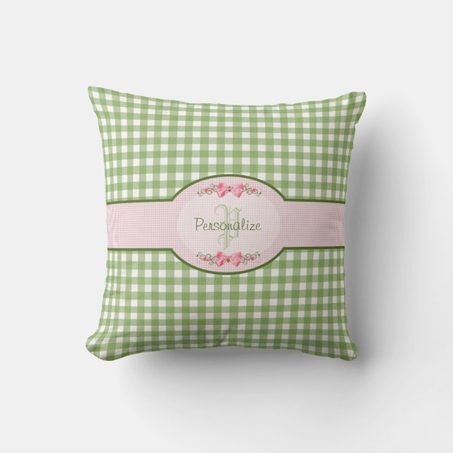 Coussin Monogramme vert Girly de guingan avec le nom (Recto)