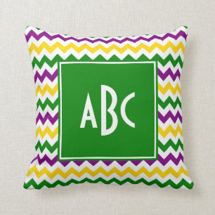 Coussin Monogramme vert Mardi Gras Zigzag