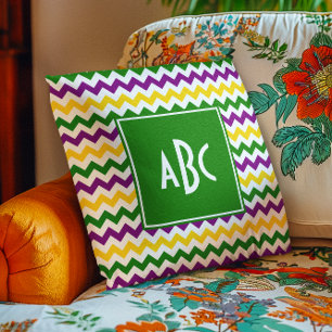 Coussin Monogramme vert Mardi Gras Zigzag