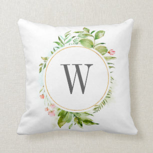 Coussin Monogramme vert sauvage floral de feuillage