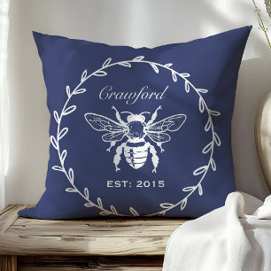 Coussin Monogramme Vintage Navy Abeille Laurier Nid d'Abei