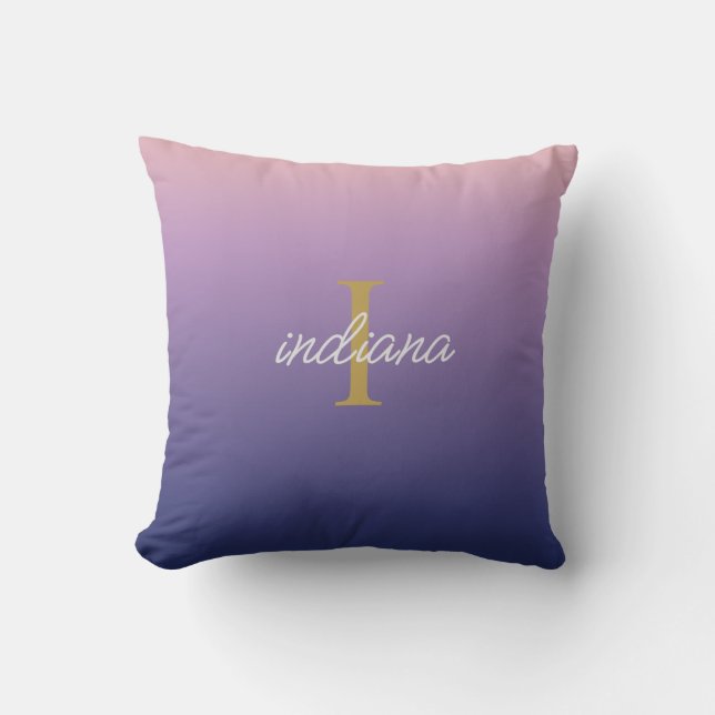 Coussin Monogramme Violet Bleu Ombré Nom De Style Script (Recto)