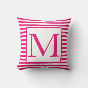 Coussin Monogrammes bandes blanches rose Motifs colorés